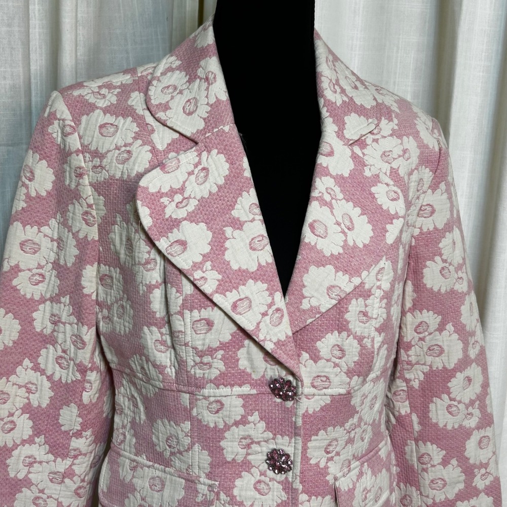 Womens ICE Pink Floral Gem Button Blazer Jacquard Jacket 4 Coquette Girly Preppy - Picture 3 of 7
